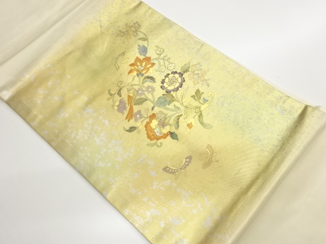 Nagoya obi with gold mother-of-pearl inlay flower arabesque with butterfly and b